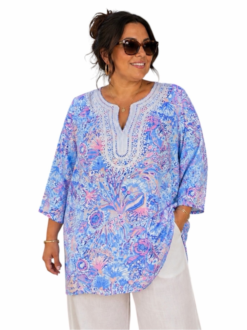 Talbots 1X Vibrant Floral Tunic Elbow Length Sleeves Resortwear Contemporary